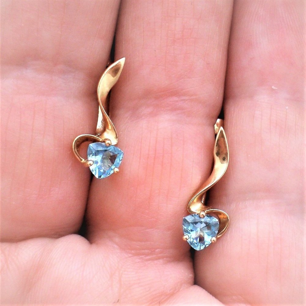 Russian Russia 14K 585 Rose Pink Gold Blue Topaz Triangle Secure Lock Earrings